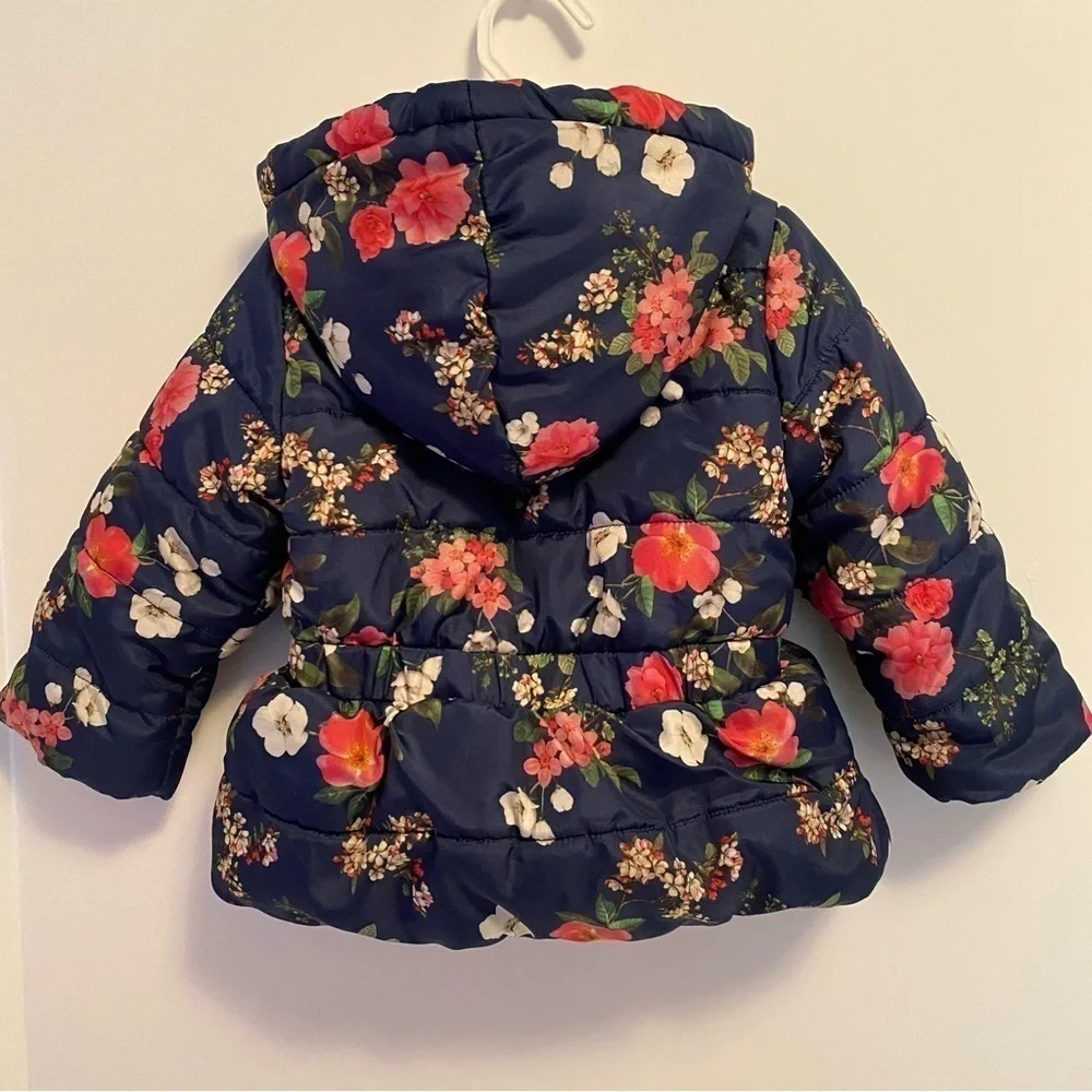 Little Me Navy Blue With Pink Floral Print Puffer Jacket Coat Size 18 Months